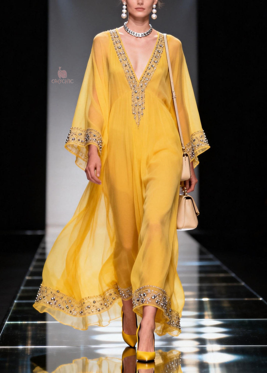 Fitted Yellow V Neck Zircon Chiffon Long Dress Spring