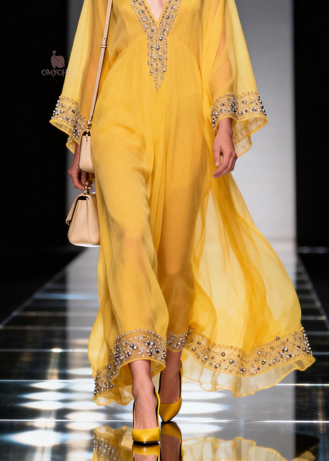 Fitted Yellow V Neck Zircon Chiffon Long Dress Spring