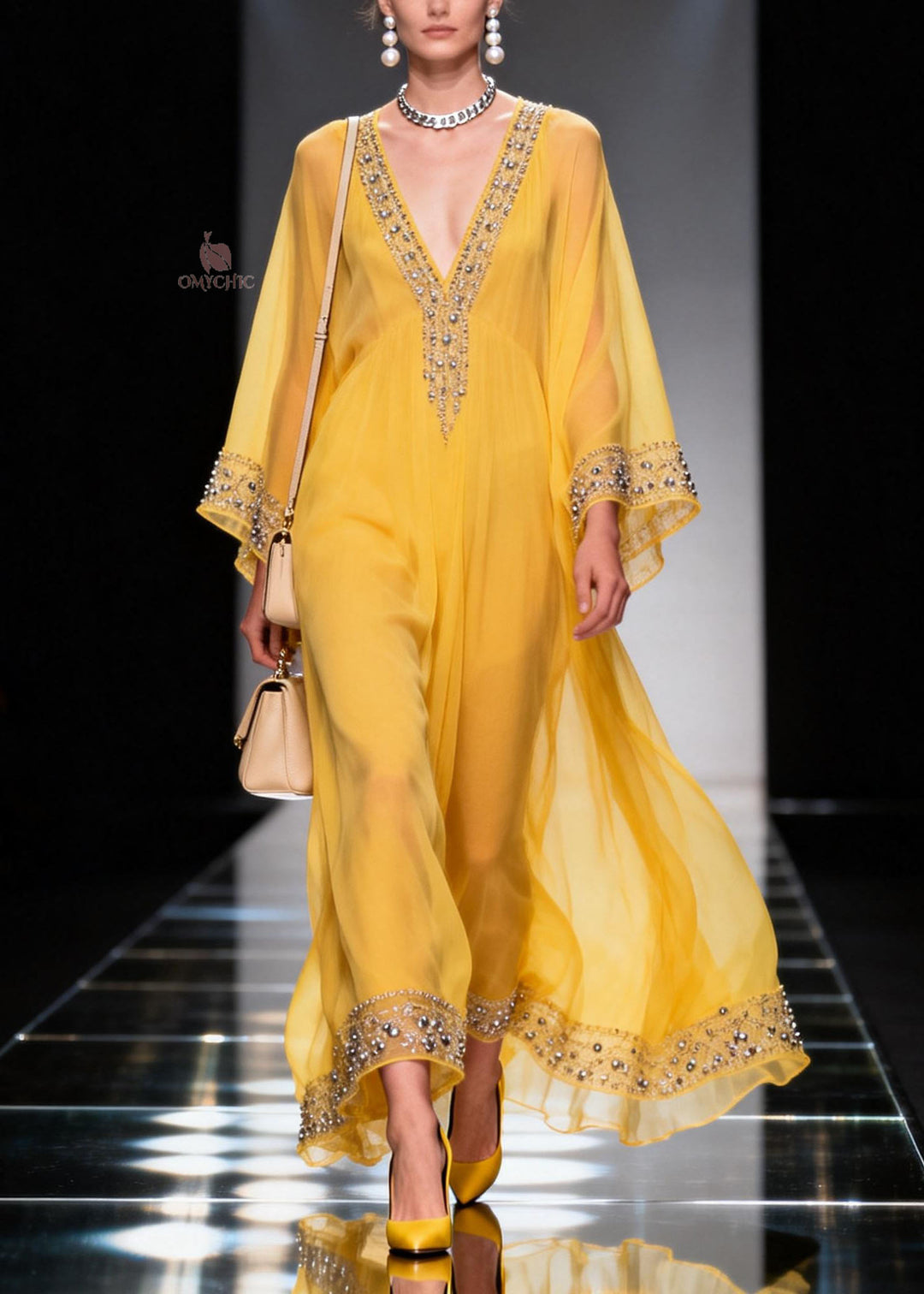Fitted Yellow V Neck Zircon Chiffon Long Dress Spring