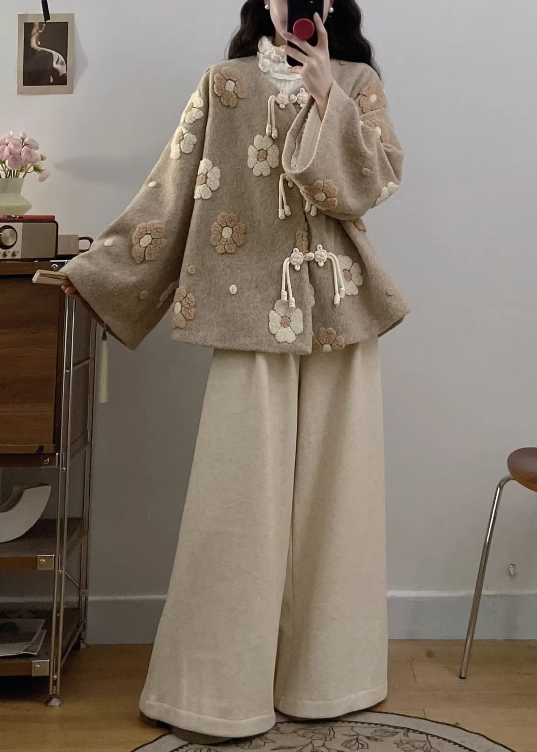 Floral Apricot Chinese Button Coat And Wide Leg Pants Woolen Two Pieces Set Fall