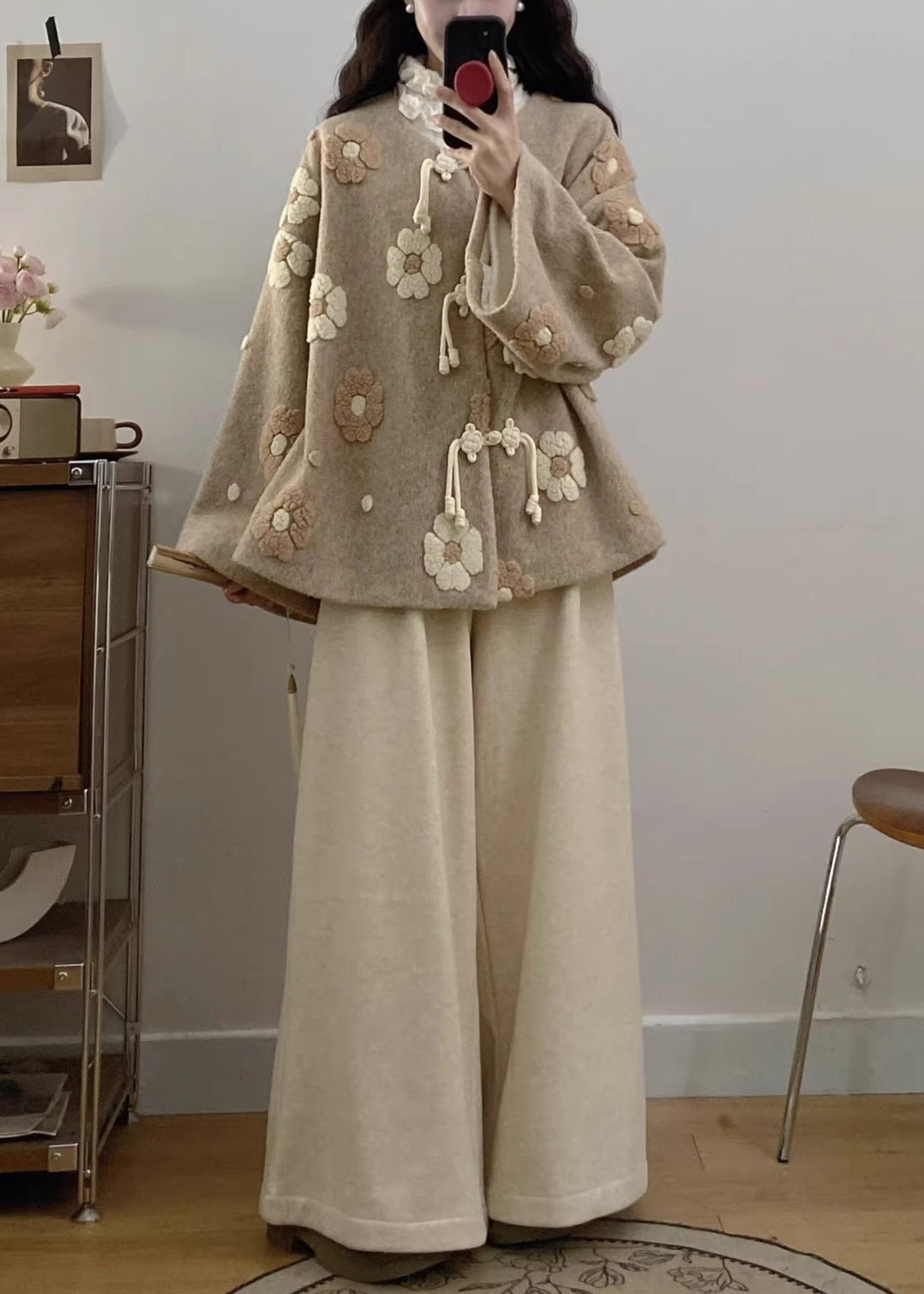 Floral Apricot Chinese Button Coat And Wide Leg Pants Woolen Two Pieces Set Fall