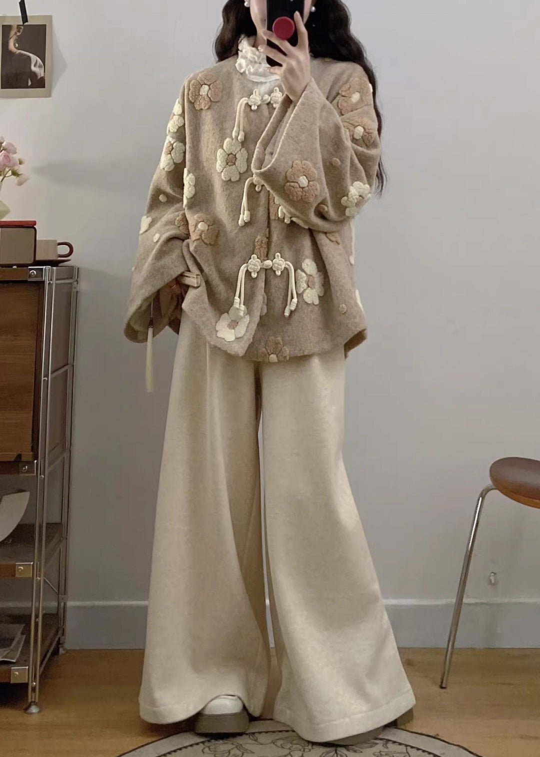 Floral Apricot Chinese Button Coat And Wide Leg Pants Woolen Two Pieces Set Fall
