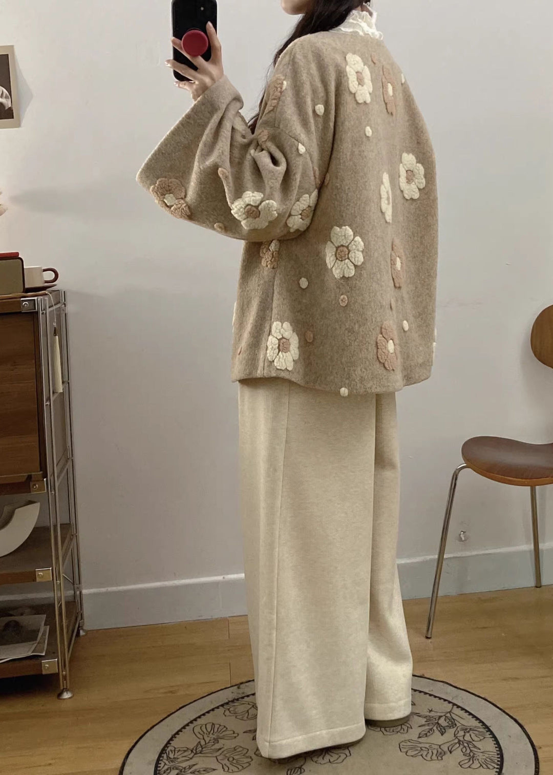 Floral Apricot Chinese Button Coat And Wide Leg Pants Woolen Two Pieces Set Fall