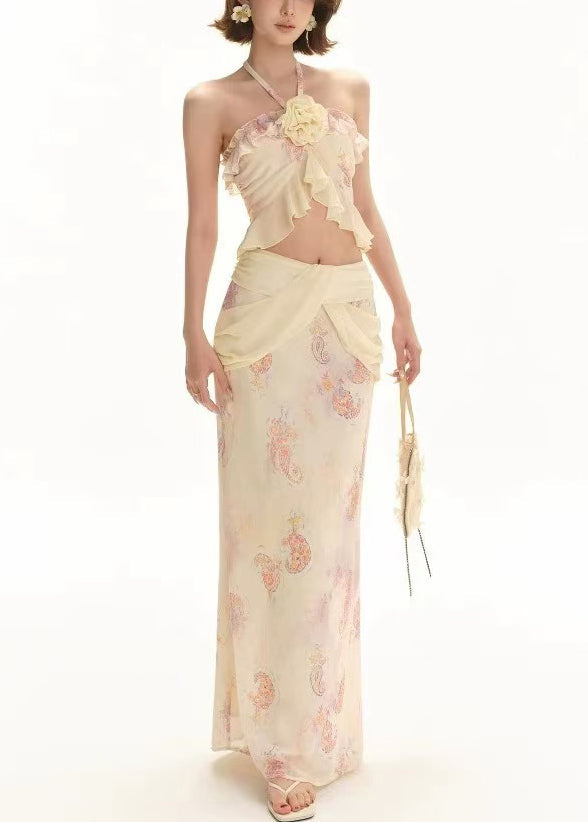 Floral Apricot Print Tank And Skirts Chiffon Two Pieces Set Sleeveless