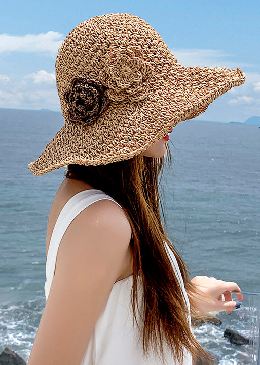 Floral Beige Hollow Out Straw Woven Floppy Sun Hat