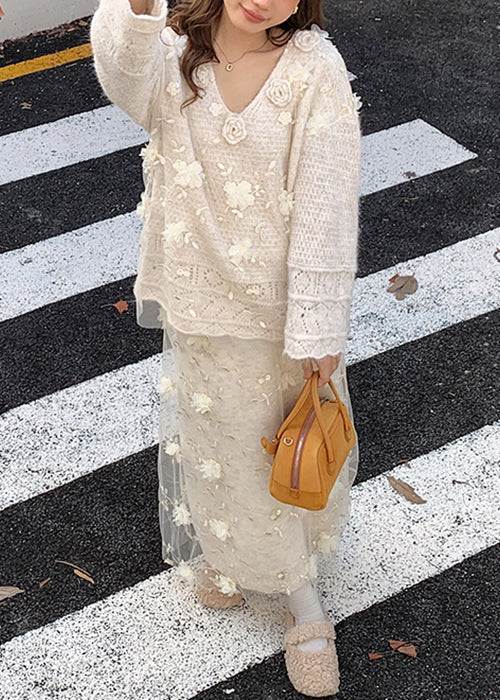 Floral Beige Hollow Out Sweaters And Skirts Patchwork Knit Two Piece Set Fall