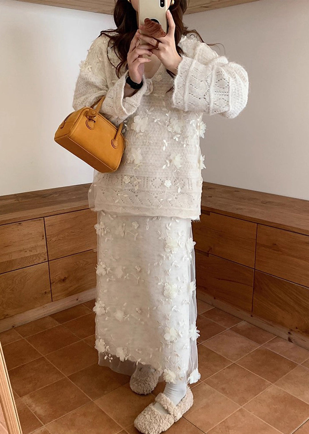 Floral Beige Hollow Out Sweaters And Skirts Patchwork Knit Two Piece Set Fall