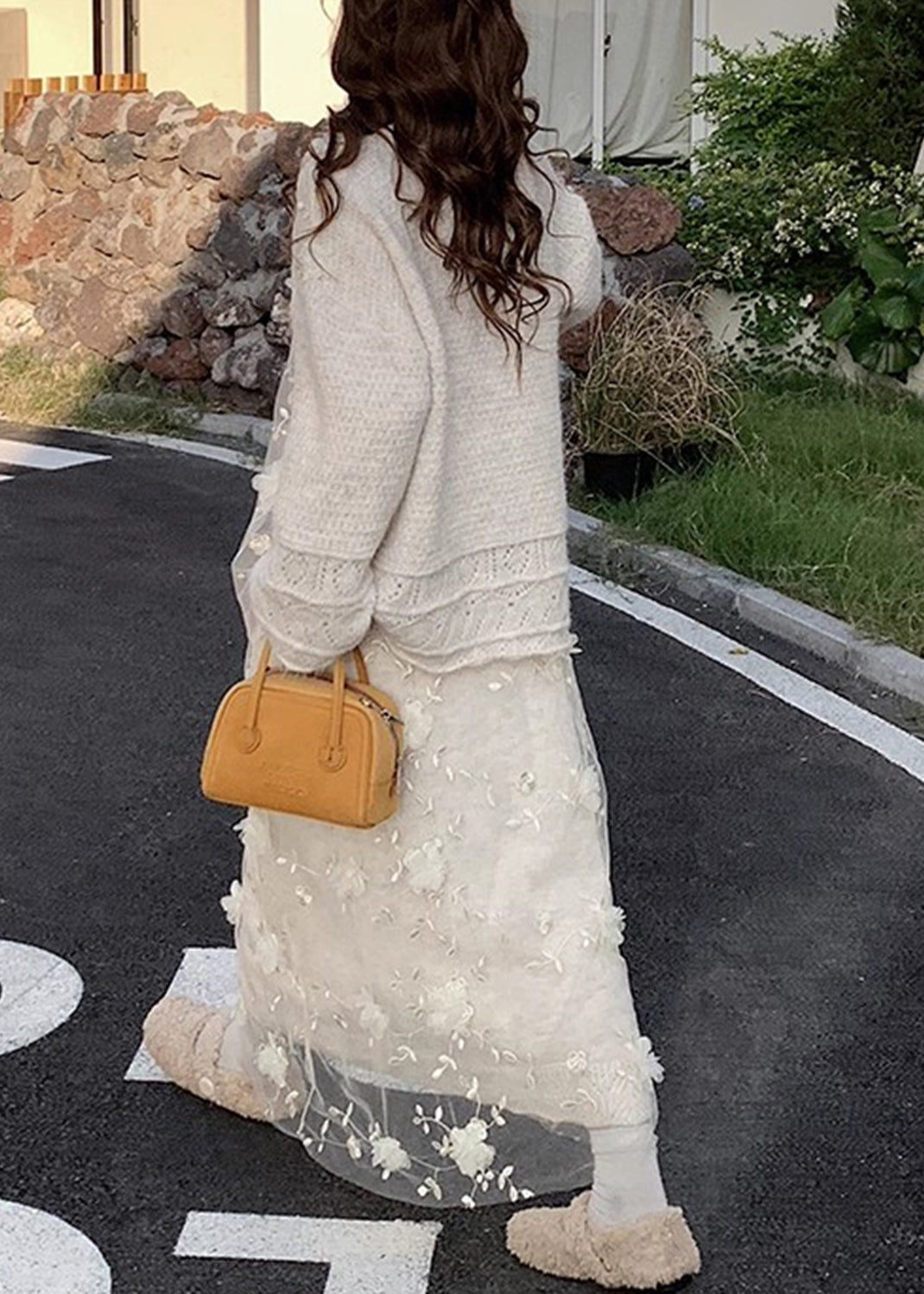 Floral Beige Hollow Out Sweaters And Skirts Patchwork Knit Two Piece Set Fall