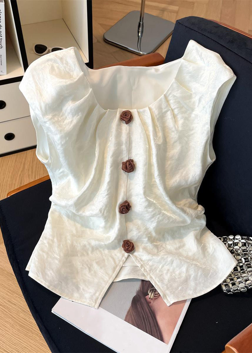 Floral Beige Square Collar Front Open Silk Shirt Summer