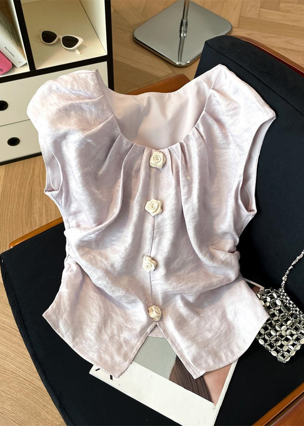 Floral Beige Square Collar Front Open Silk Shirt Summer