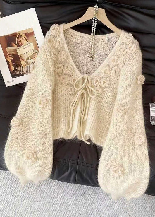 Floral Beige V Neck Lace Up Cozy Knit Cardigan