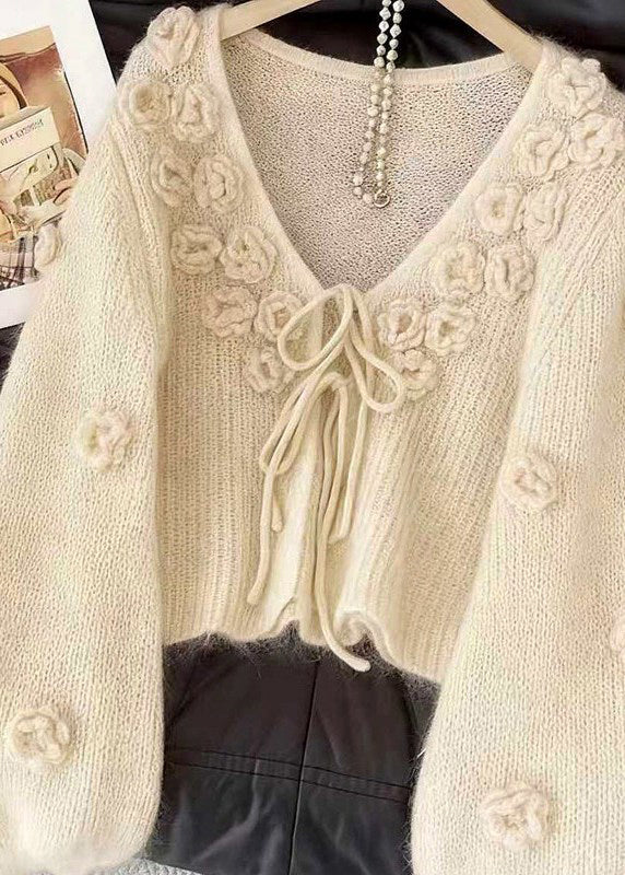 Floral Beige V Neck Lace Up Cozy Knit Cardigan