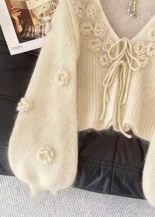 Floral Beige V Neck Lace Up Cozy Knit Cardigan