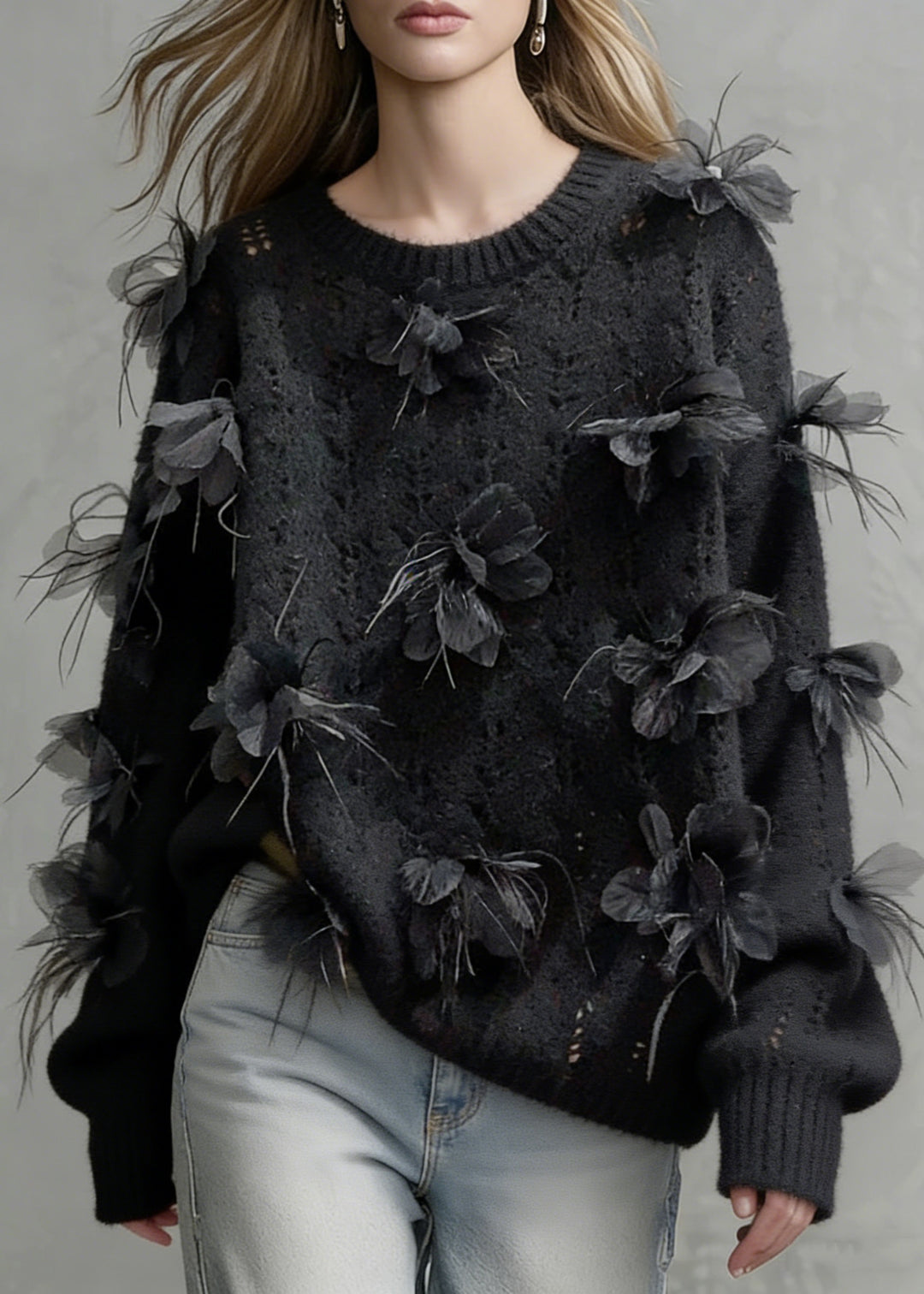 Floral Black O-Neck Hollow Out Knit Sweaters