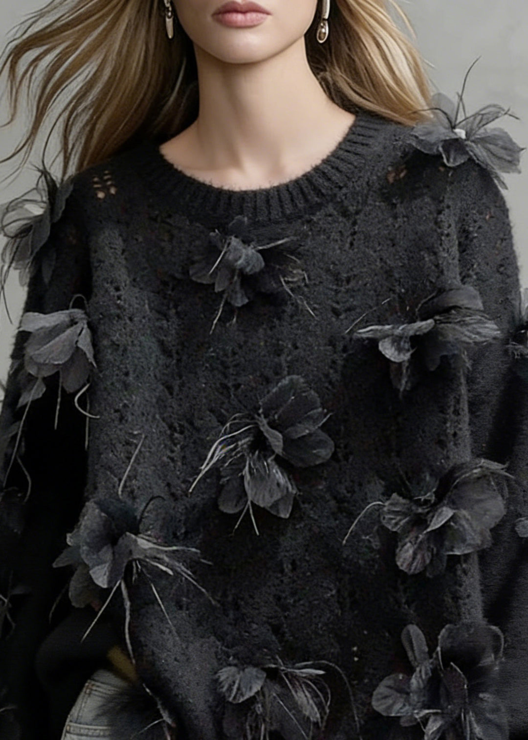 Floral Black O-Neck Hollow Out Knit Sweaters