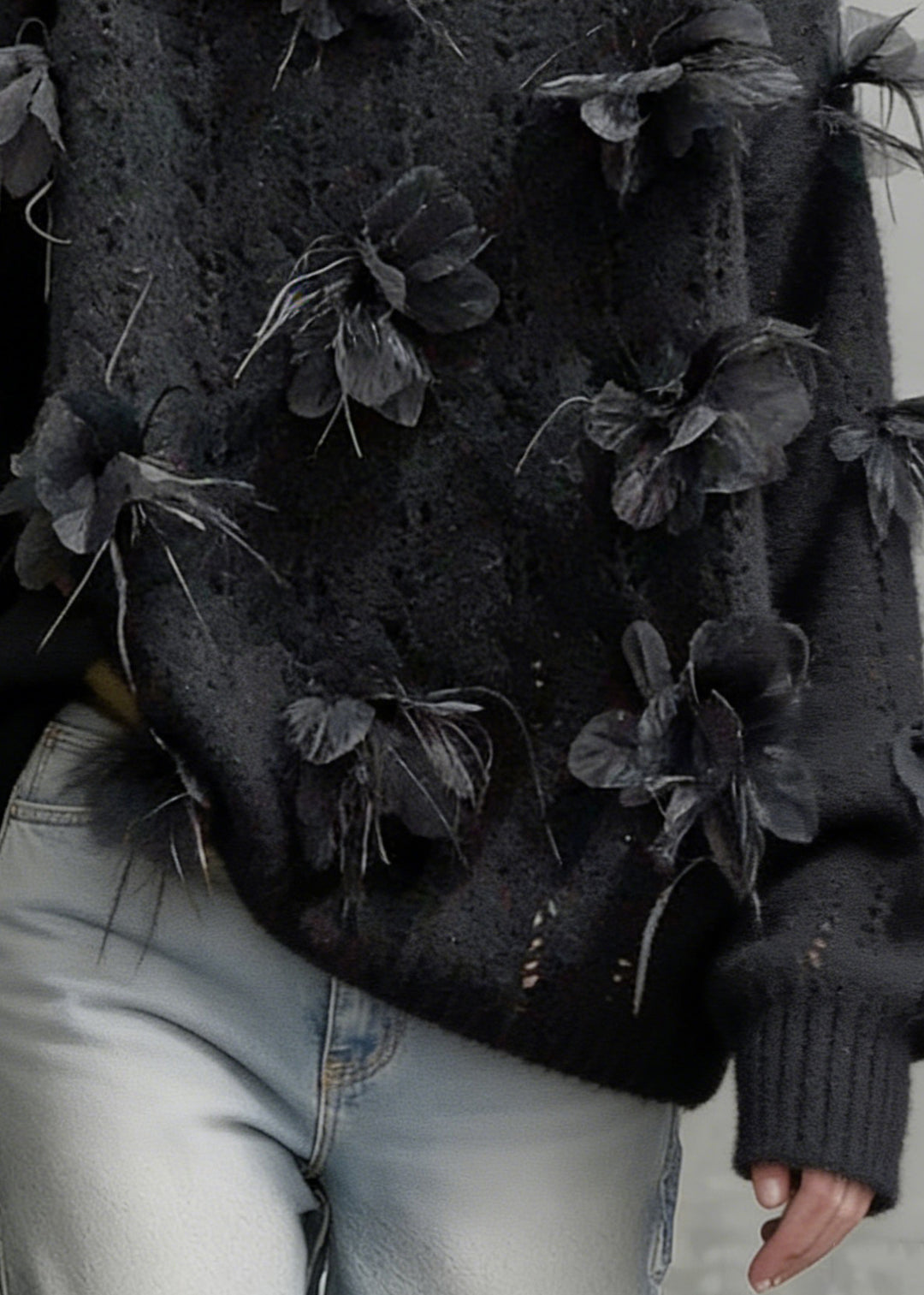Floral Black O-Neck Hollow Out Knit Sweaters