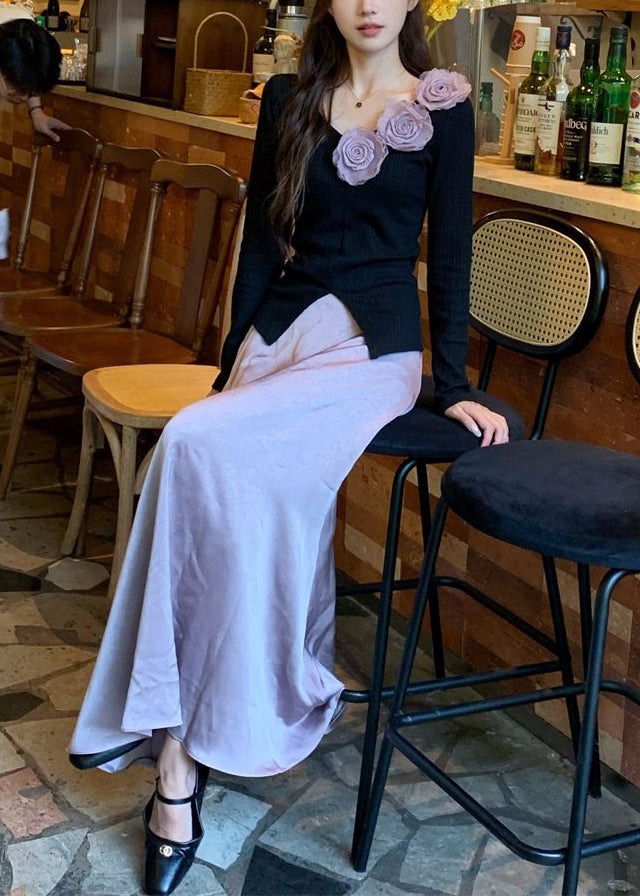 Floral Black V Neck Knit Tops And Purple Skirts Two Pieces Set Fall