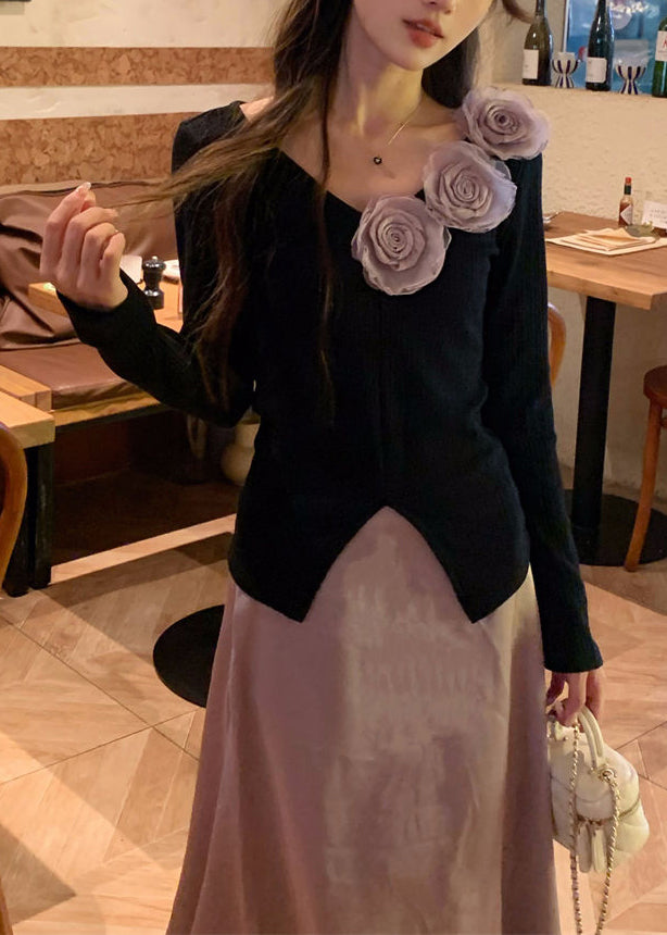 Floral Black V Neck Knit Tops And Purple Skirts Two Pieces Set Fall