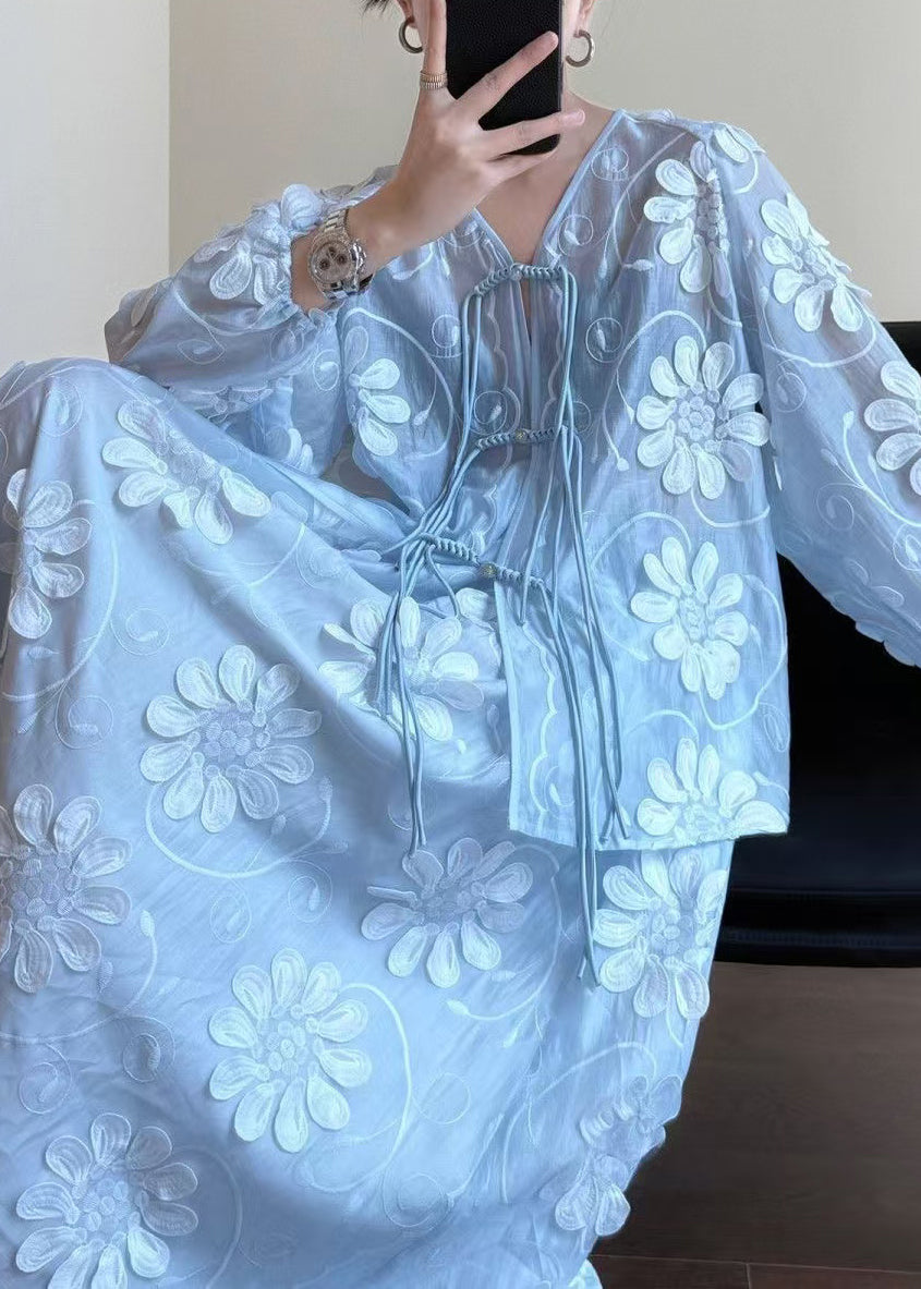 Floral Blue Chinese Button Shirts And Skirts Silk Two-Piece Set Fall