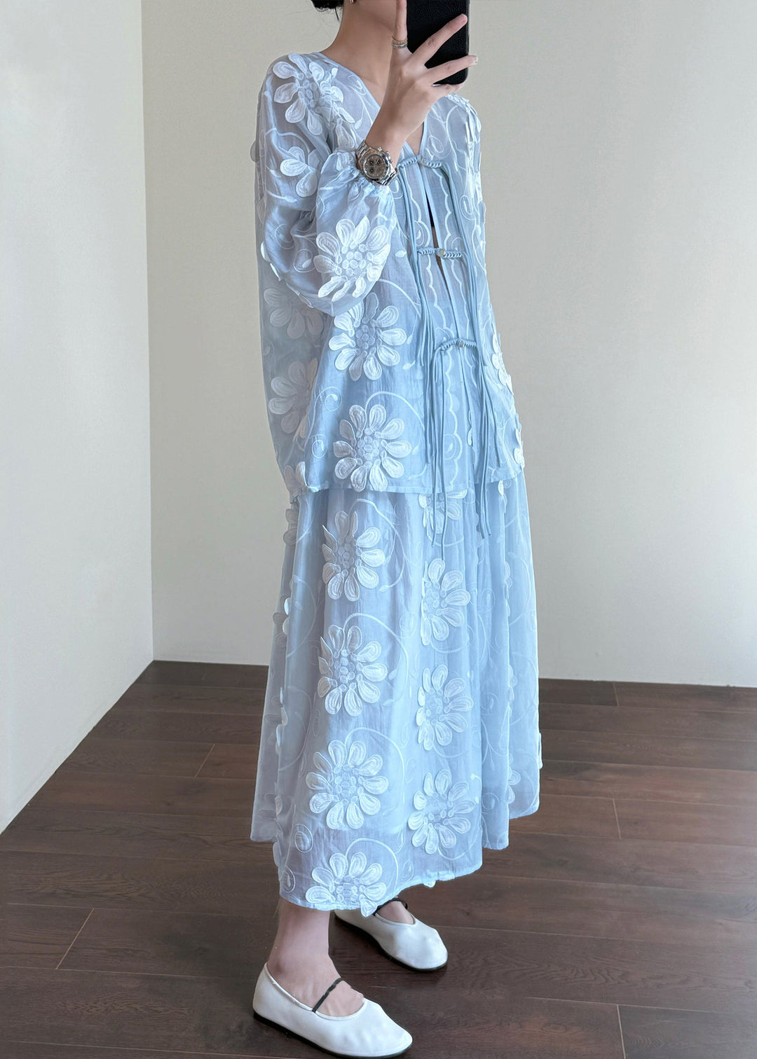 Floral Blue Chinese Button Shirts And Skirts Silk Two-Piece Set Fall