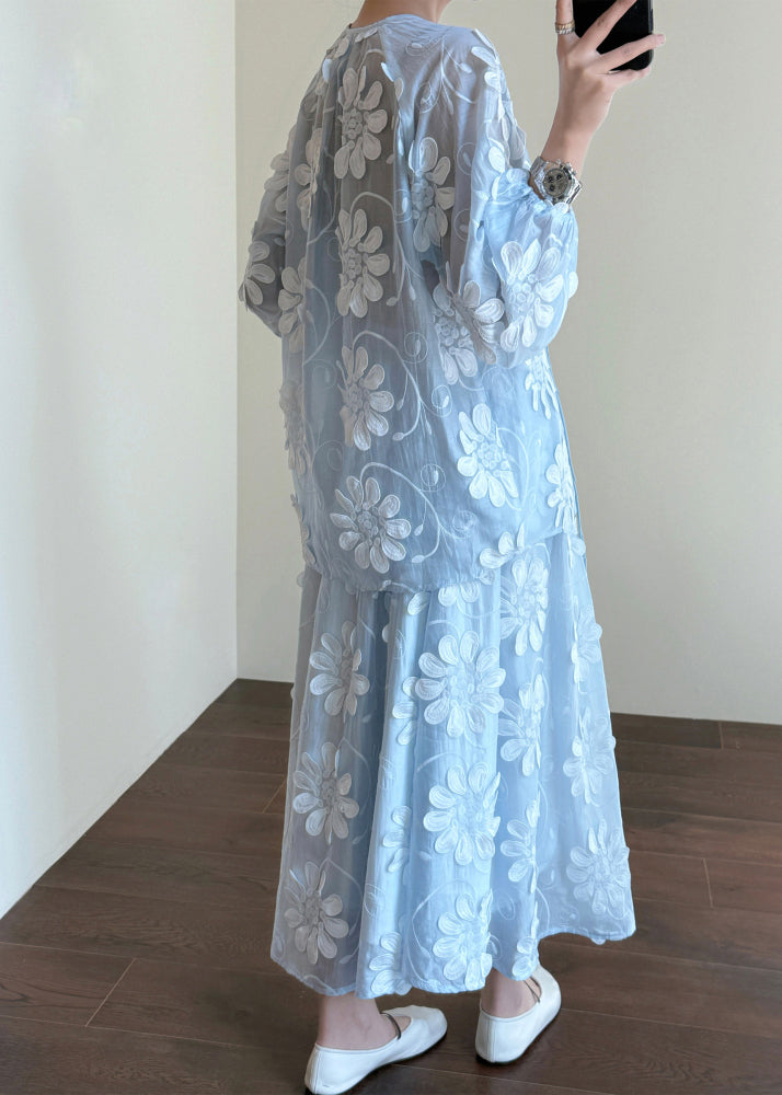 Floral Blue Chinese Button Shirts And Skirts Silk Two-Piece Set Fall