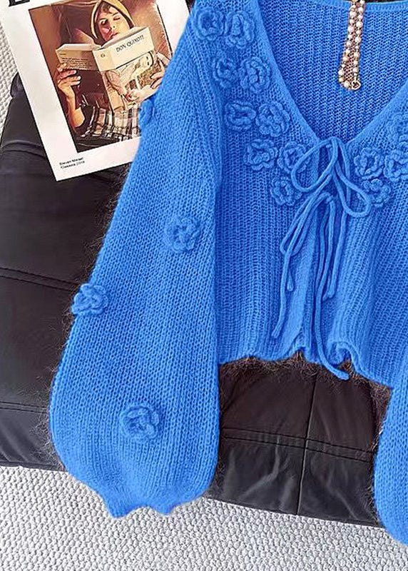Floral Blue V Neck Lace Up Cozy Knit Cardigans Fall