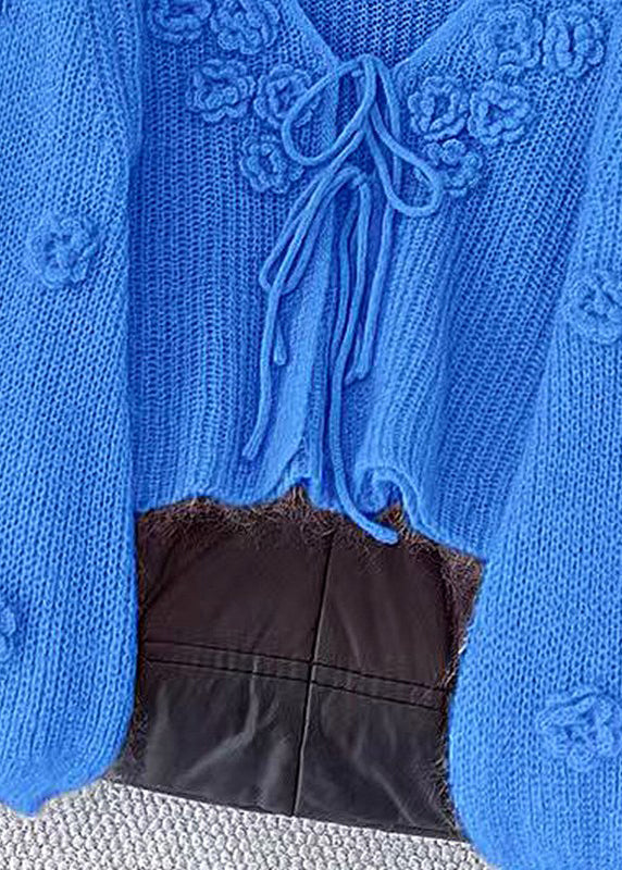 Floral Blue V Neck Lace Up Cozy Knit Cardigans Fall