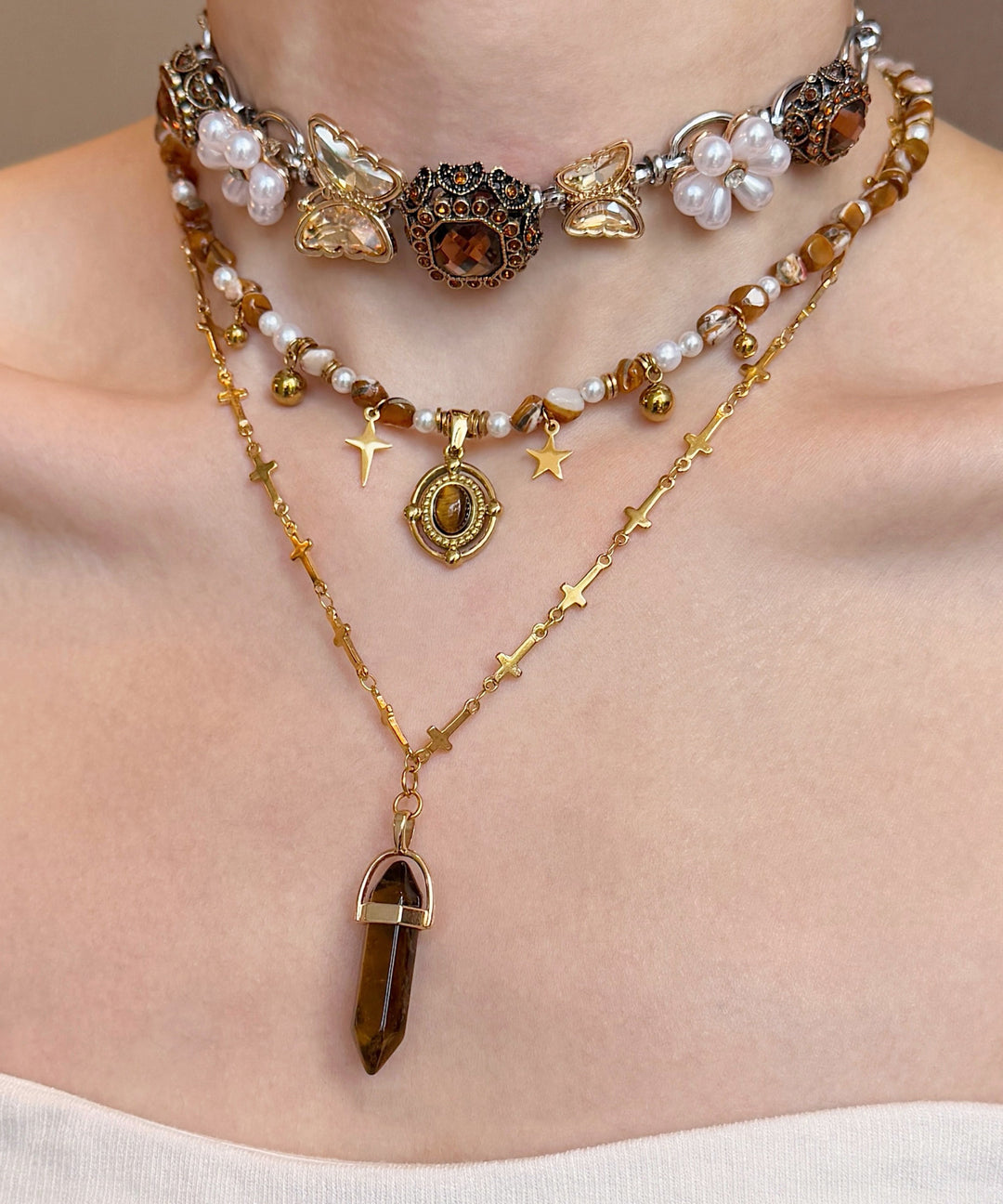 Floral Brown Tiger's Eye Pearl Butterfly Titanium Steel Three Piece Set Pendant Necklace