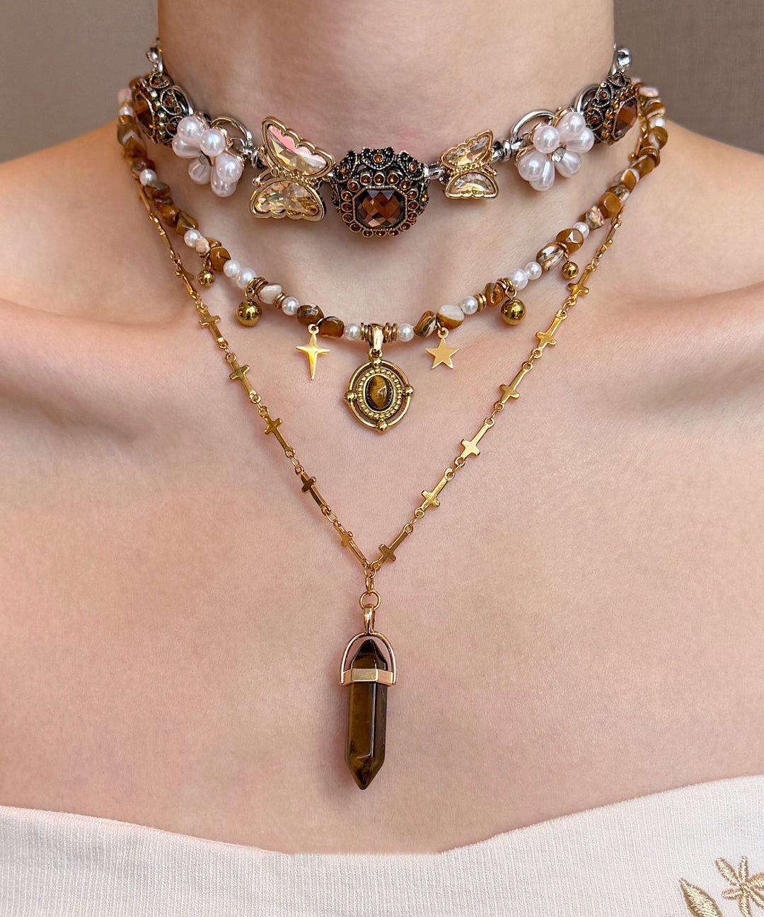 Floral Brown Tiger's Eye Pearl Butterfly Titanium Steel Three Piece Set Pendant Necklace