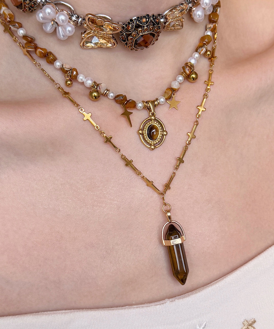 Floral Brown Tiger's Eye Pearl Butterfly Titanium Steel Three Piece Set Pendant Necklace