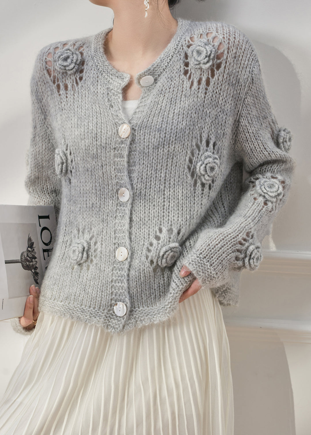 Floral Grey Hollow Out Button Knit Coats Fall
