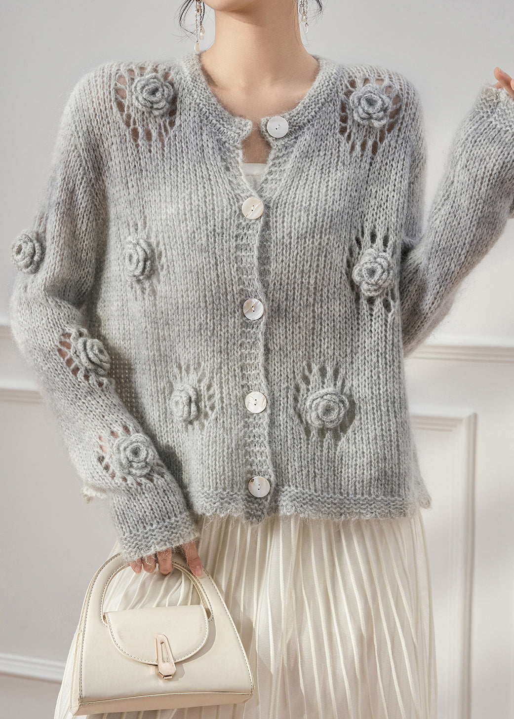 Floral Grey Hollow Out Button Knit Coats Fall