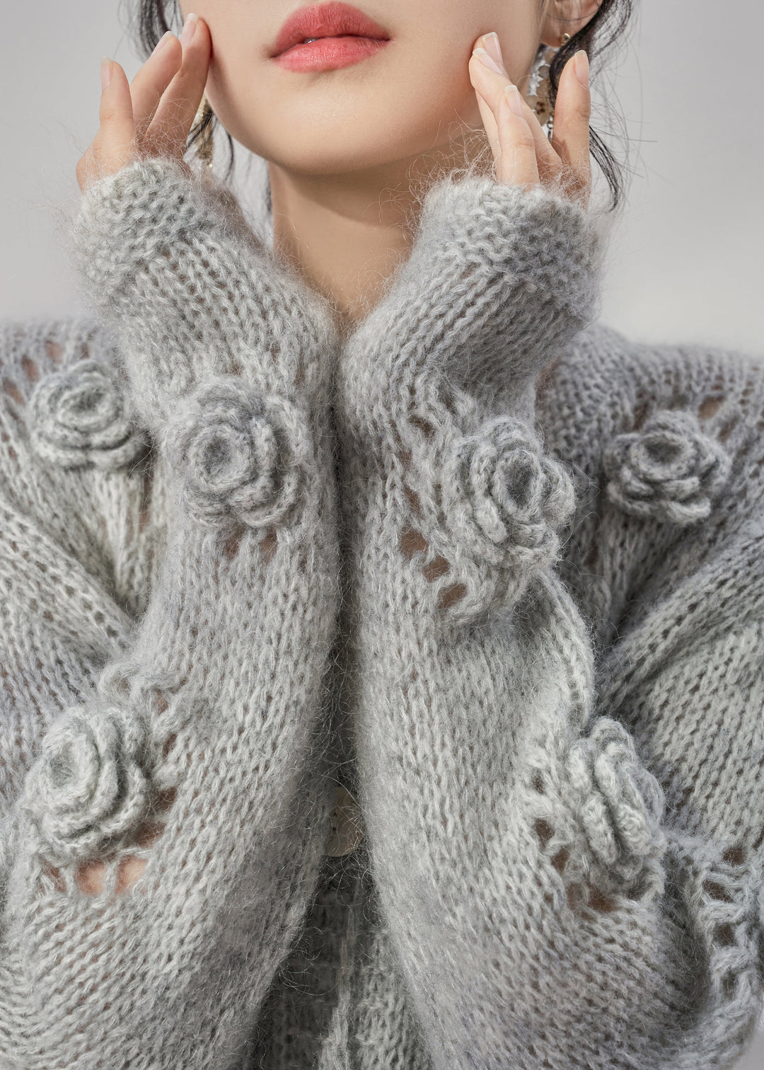 Floral Grey Hollow Out Button Knit Coats Fall