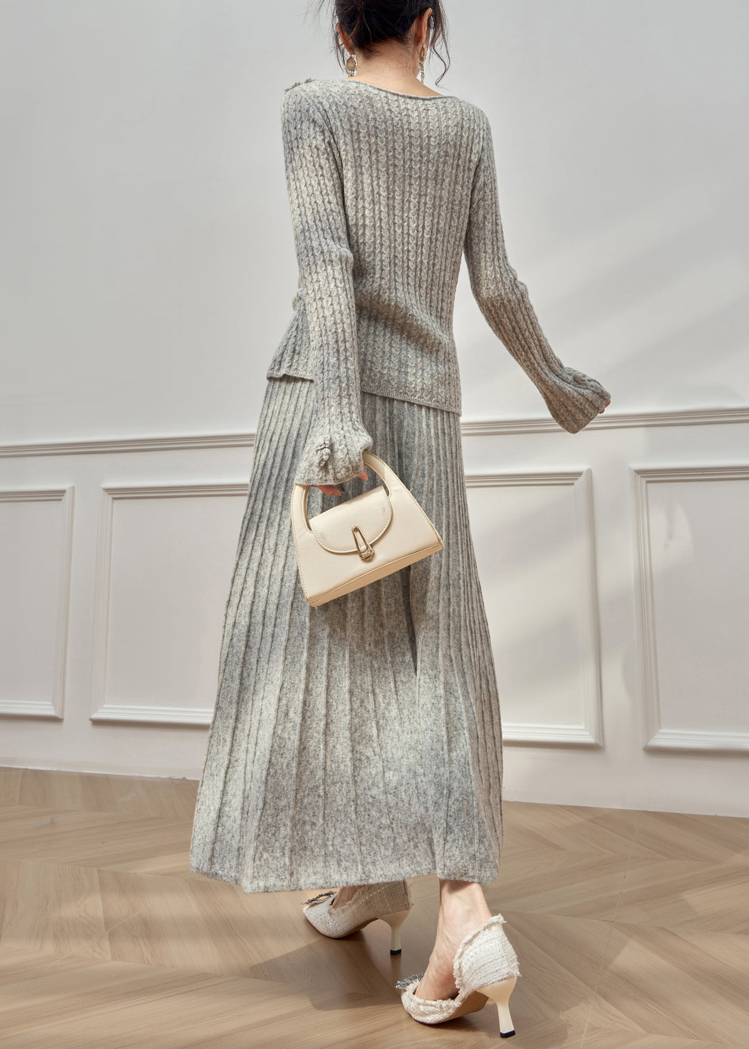 Floral Grey O Neck Sweaters And Maxi Skirts Cable Knit Two Pieces Set Flare Sleeve