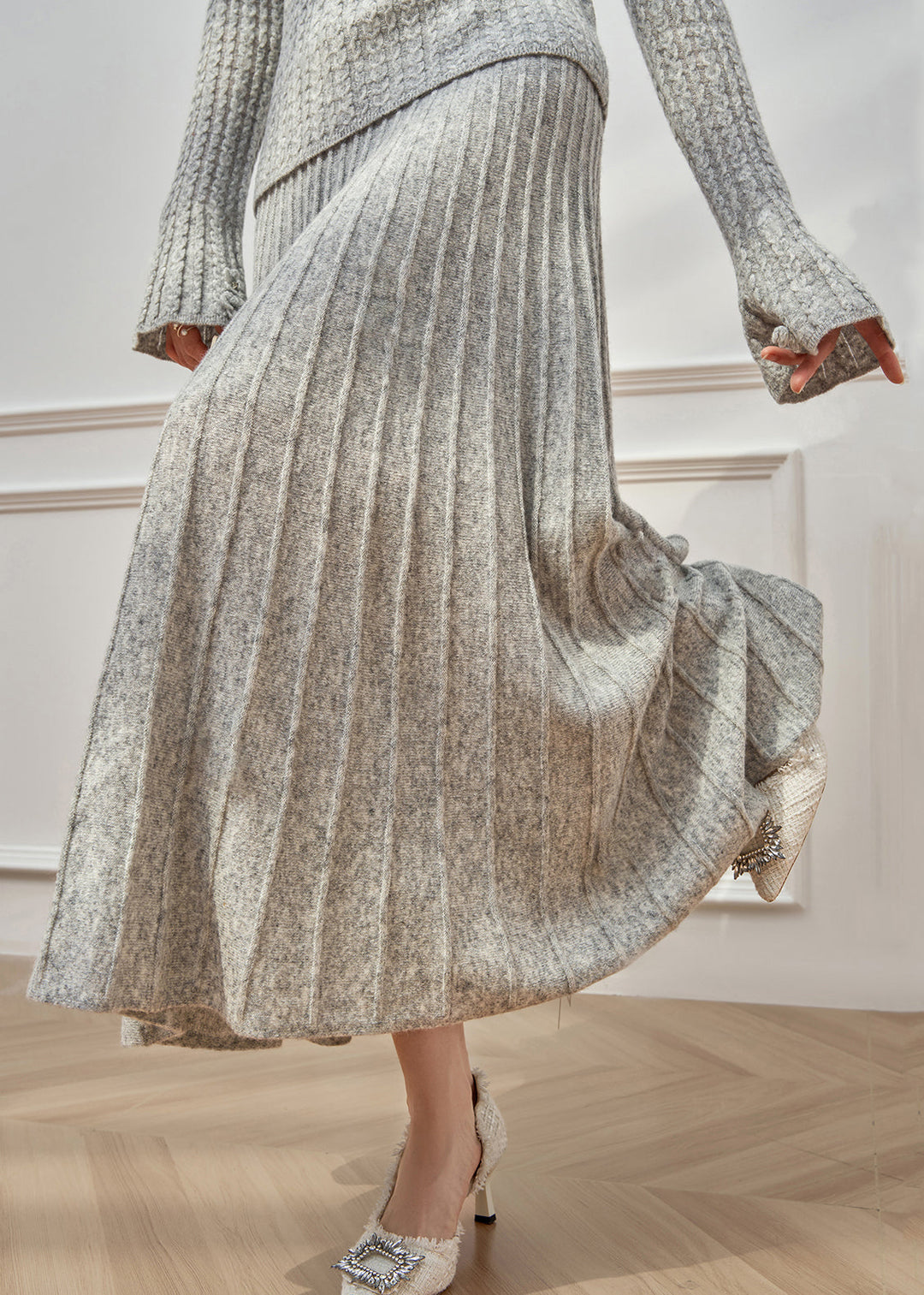 Floral Grey O Neck Sweaters And Maxi Skirts Cable Knit Two Pieces Set Flare Sleeve