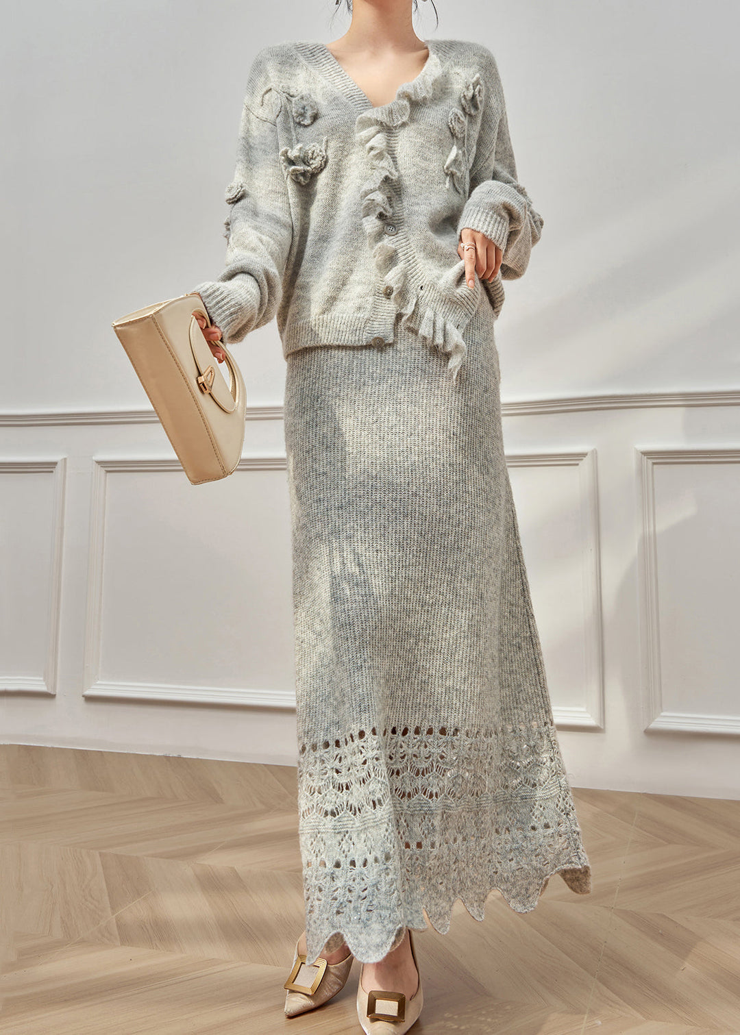 Floral Grey Ruffled Hollow Out Knit Two Piece Set Winter