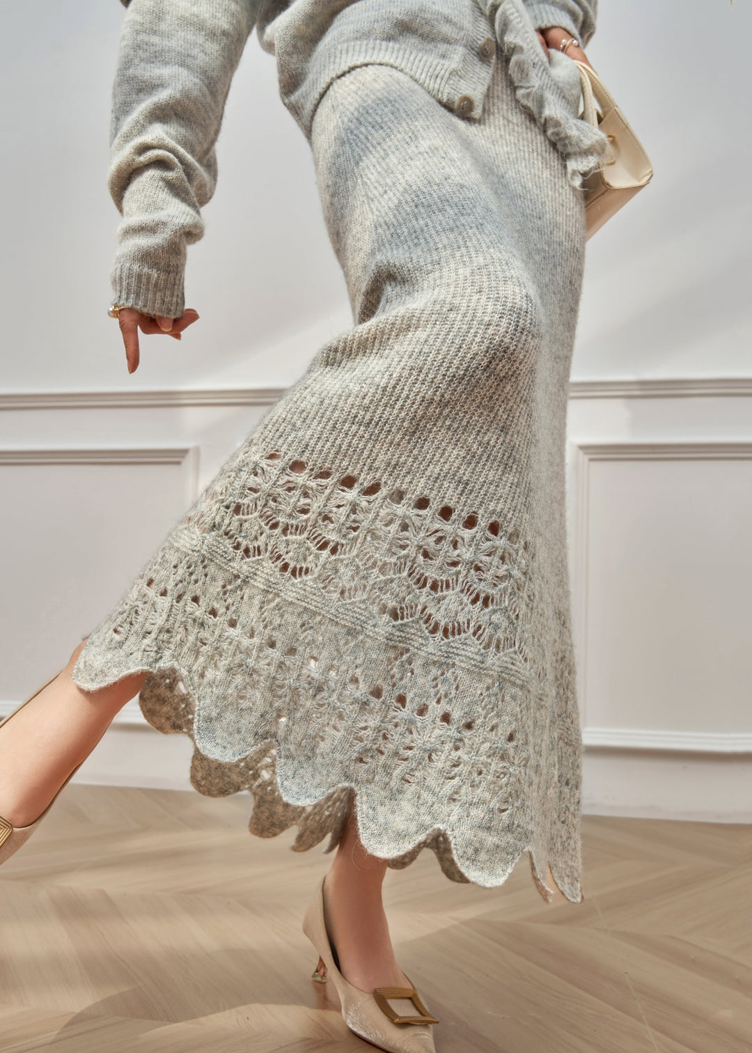 Floral Grey Ruffled Hollow Out Knit Two Piece Set Winter