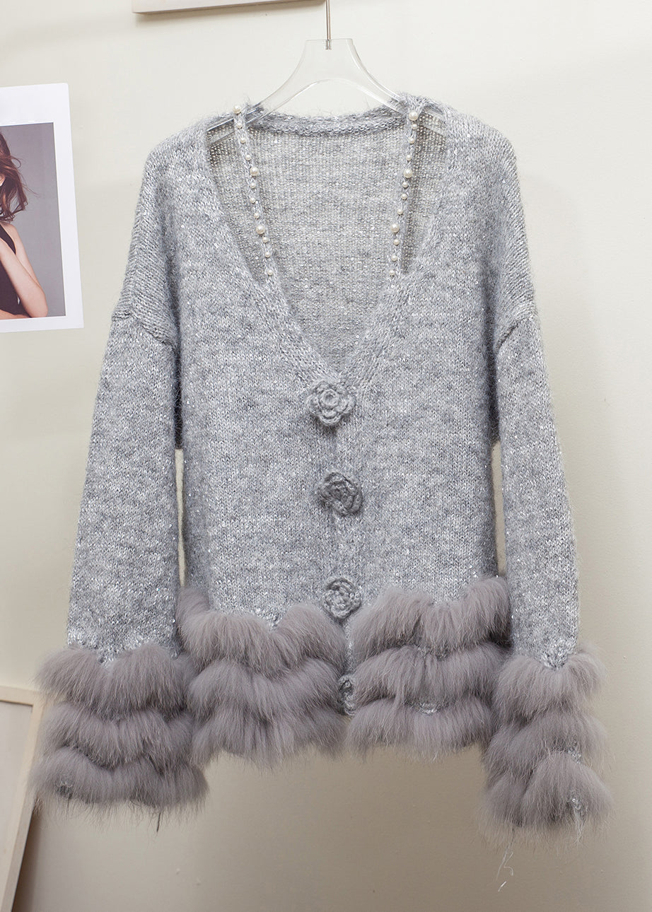 Floral Grey V Neck Fox Fur Pearl Patchwork Knit Sweaters Winter