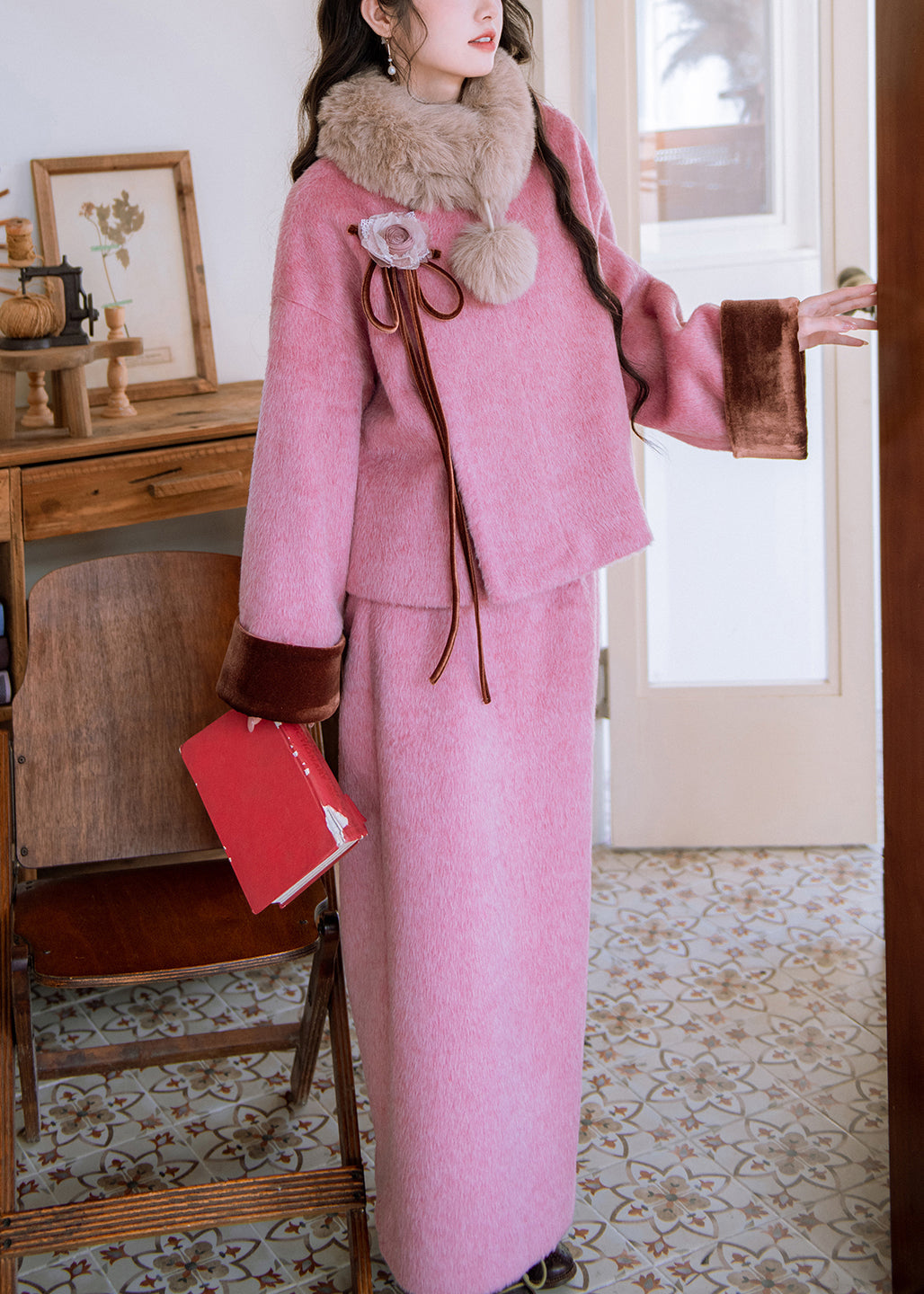 Floral Pink Fur Collar Coat Side Open And Skirts Woolen Two Pieces Set Winter