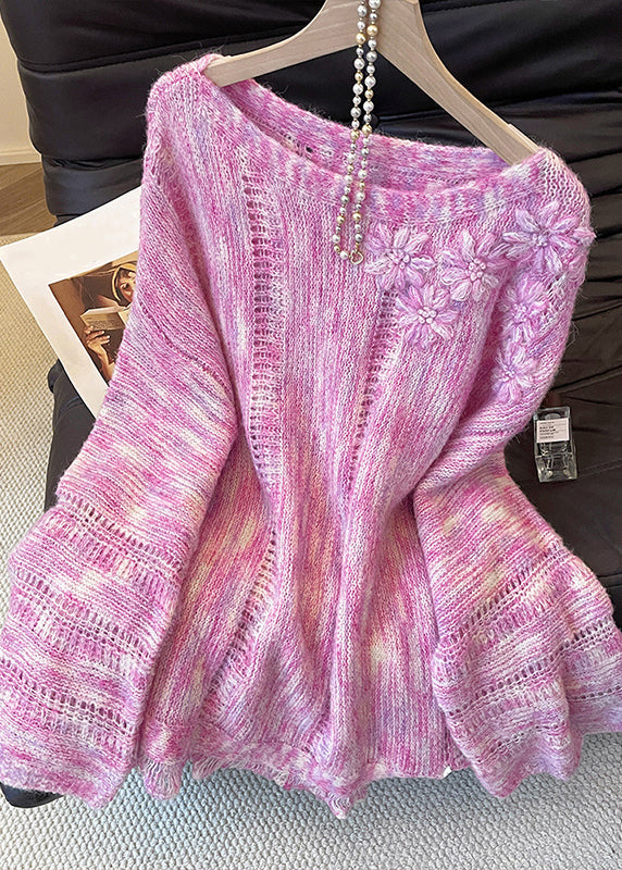 Floral Pink Hollow Out Cozy Knit Sweater Tops Fall