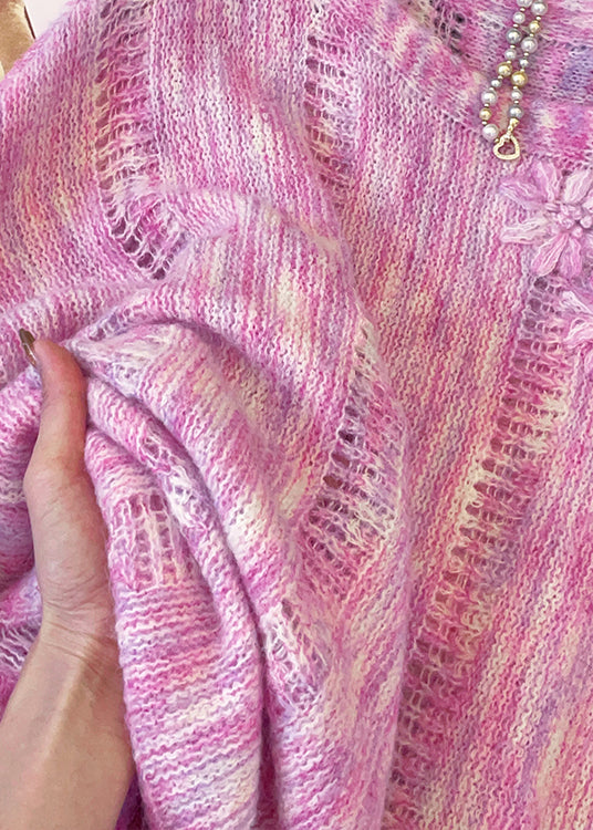 Floral Pink Hollow Out Cozy Knit Sweater Tops Fall