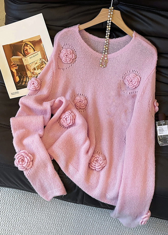 Floral Pink O Neck Hollow Out Cozy Knit Sweater Fall