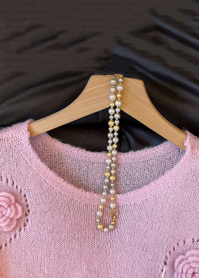 Floral Pink O Neck Hollow Out Cozy Knit Sweater Fall