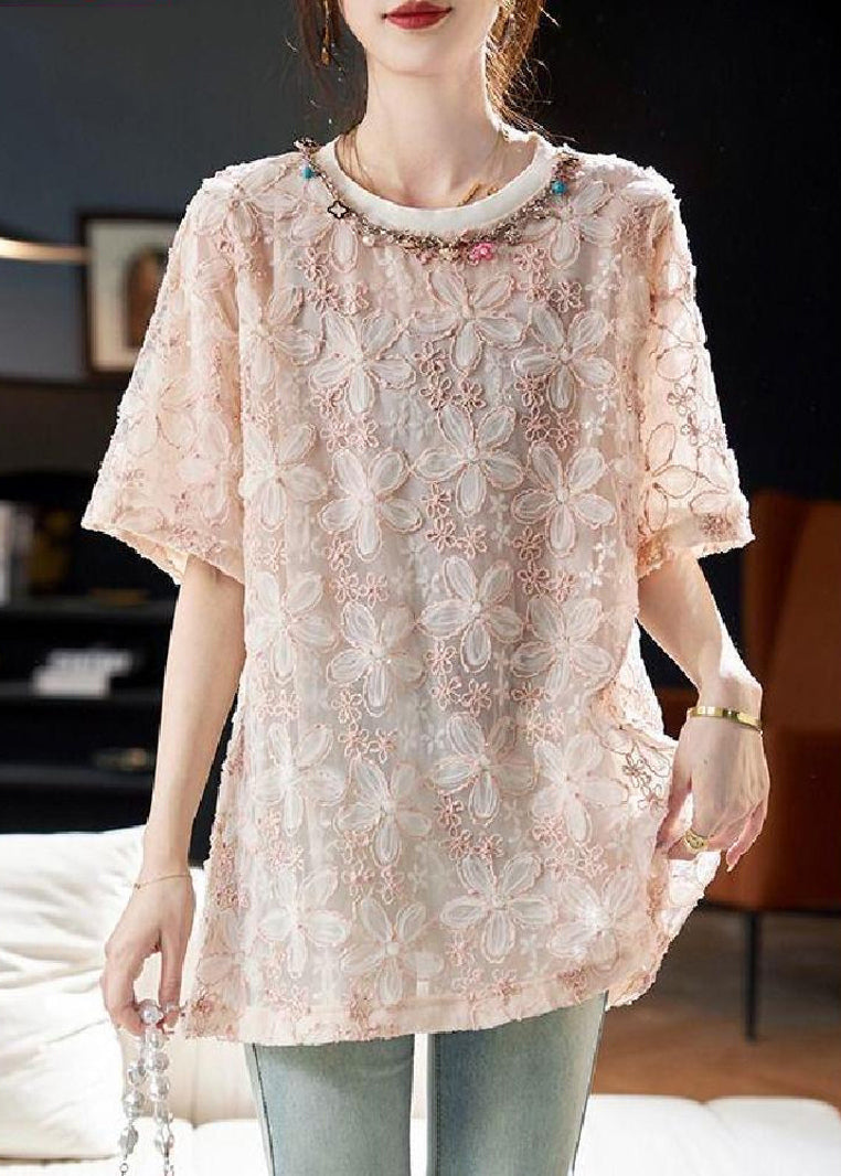 Floral Pink O-Neck Sequins Tulle T Shirt Summer