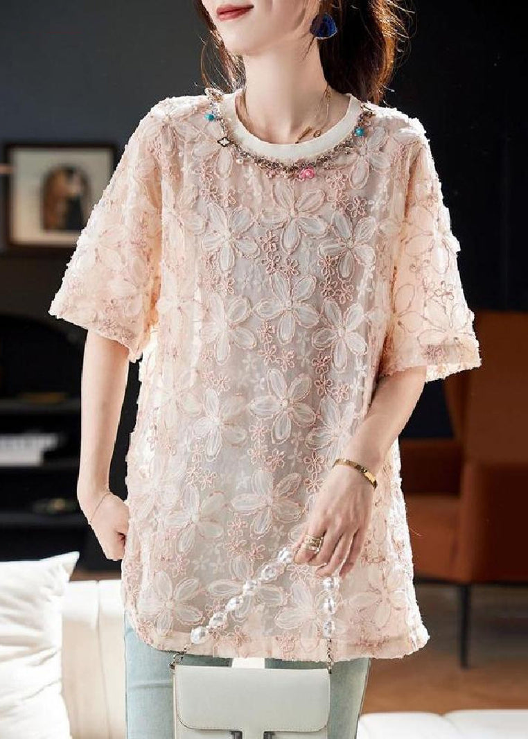 Floral Pink O-Neck Sequins Tulle T Shirt Summer