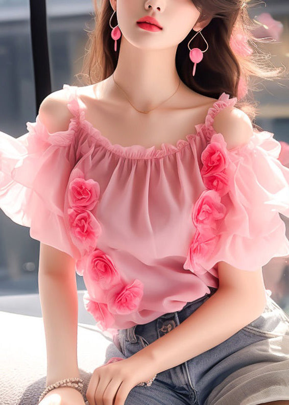 Floral Pink Ruffled Wrinkled Chiffon Top Short Sleeve