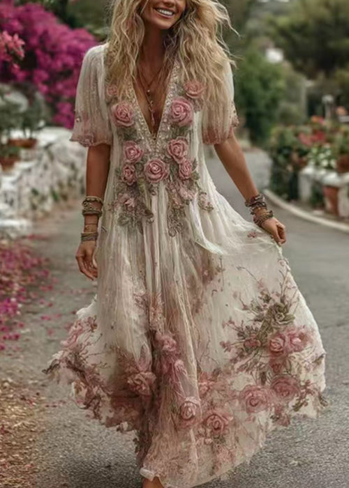 Floral Pink V Neck Print Maxi Dress Summer