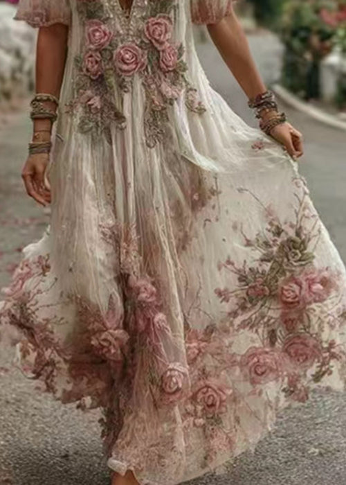 Floral Pink V Neck Print Maxi Dress Summer