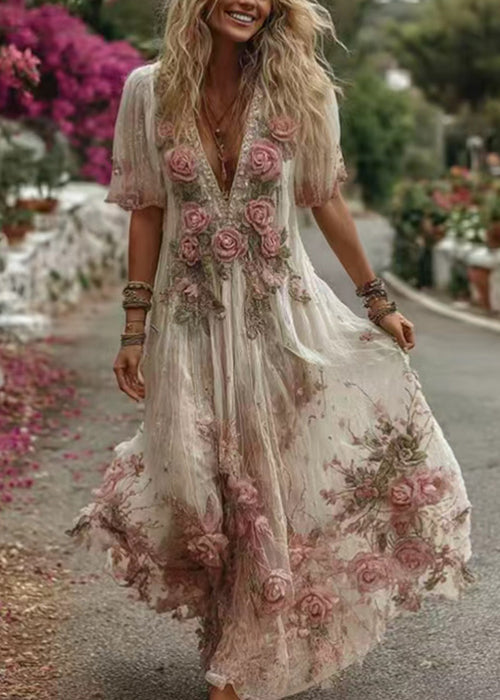 Floral Pink V Neck Print Maxi Dress Summer