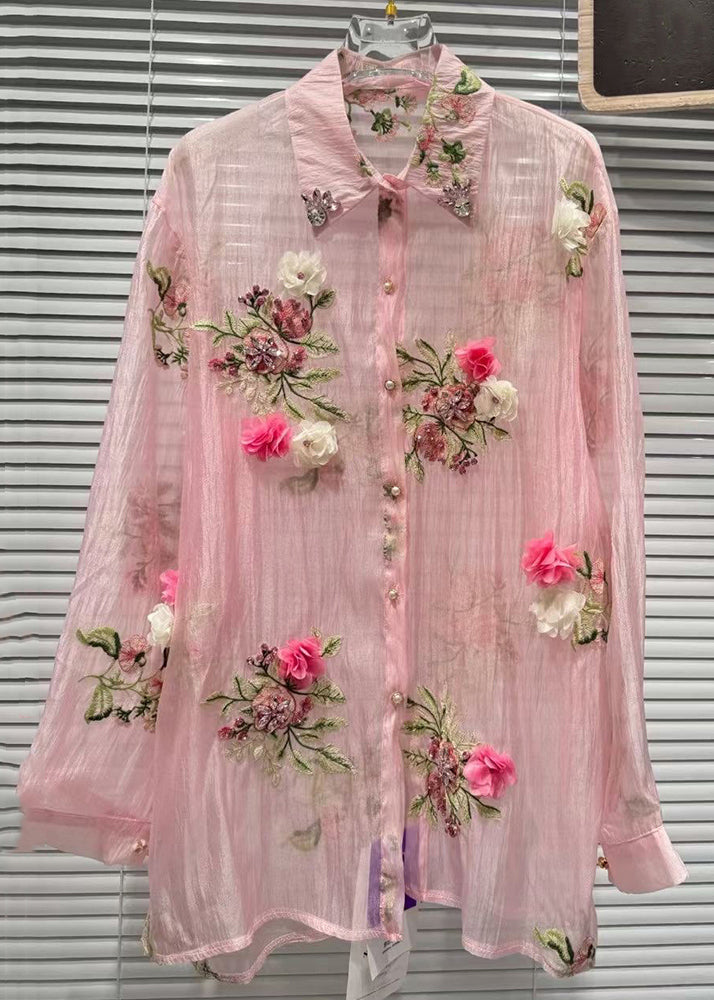 Floral Pink Zircon Patchwork Cotton Shirts Summer